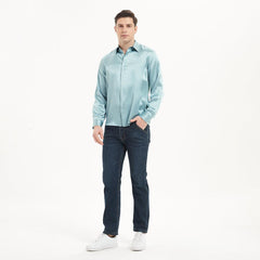 Classic Mens Silk Shirts Long Sleeves Hidden Button Business Silk Shirt - avasilk