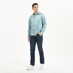 Classic Mens Silk Shirts Long Sleeves Hidden Button Business Silk Shirt - avasilk