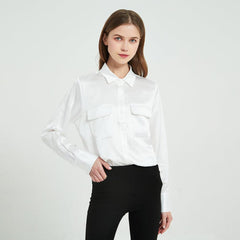 Classic 22 Momme Silk Shirts For Women Long Sleeves Silk Top With Two Patch Pockets - avasilk