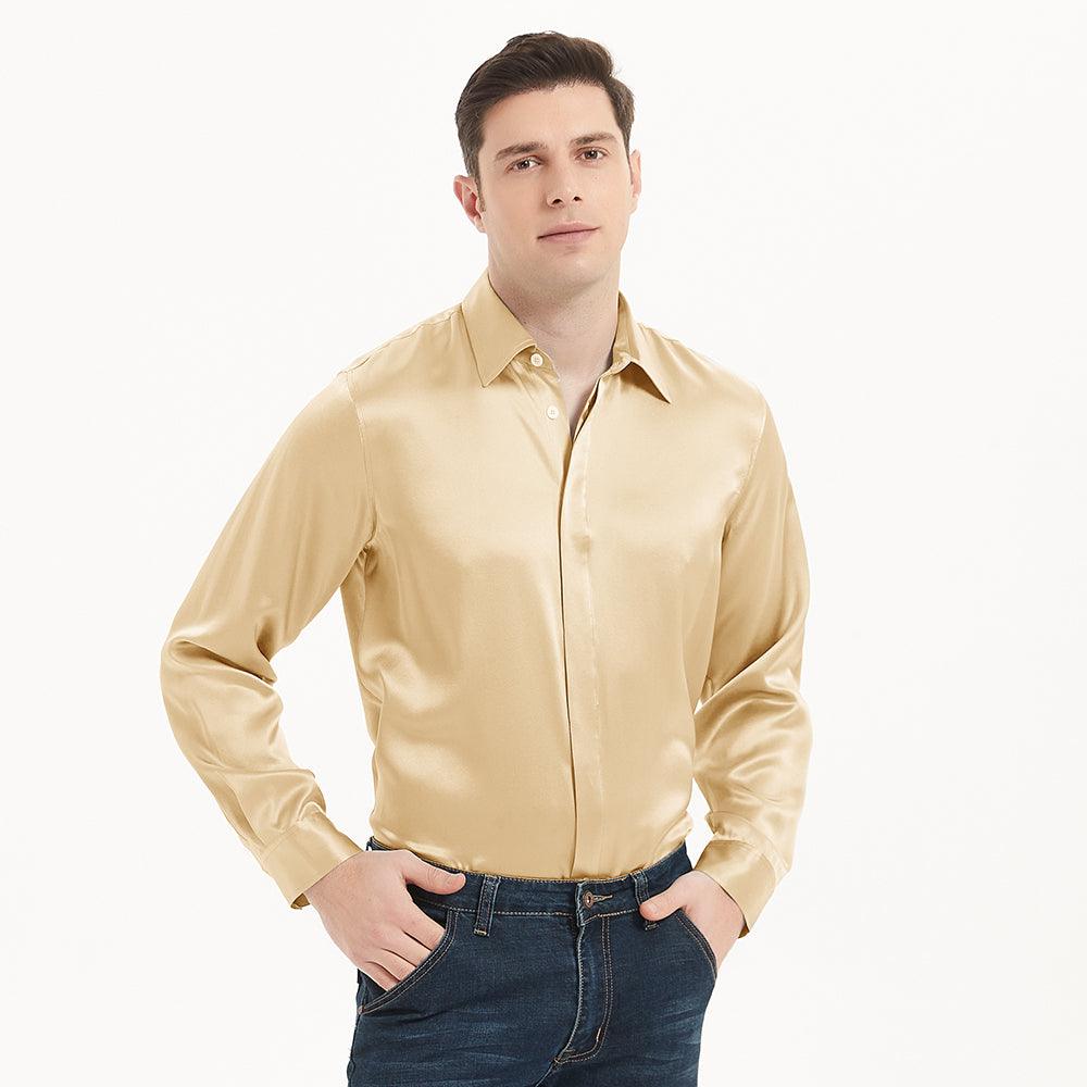 Classic Mens Silk Shirts Long Sleeves Hidden Button Business Silk