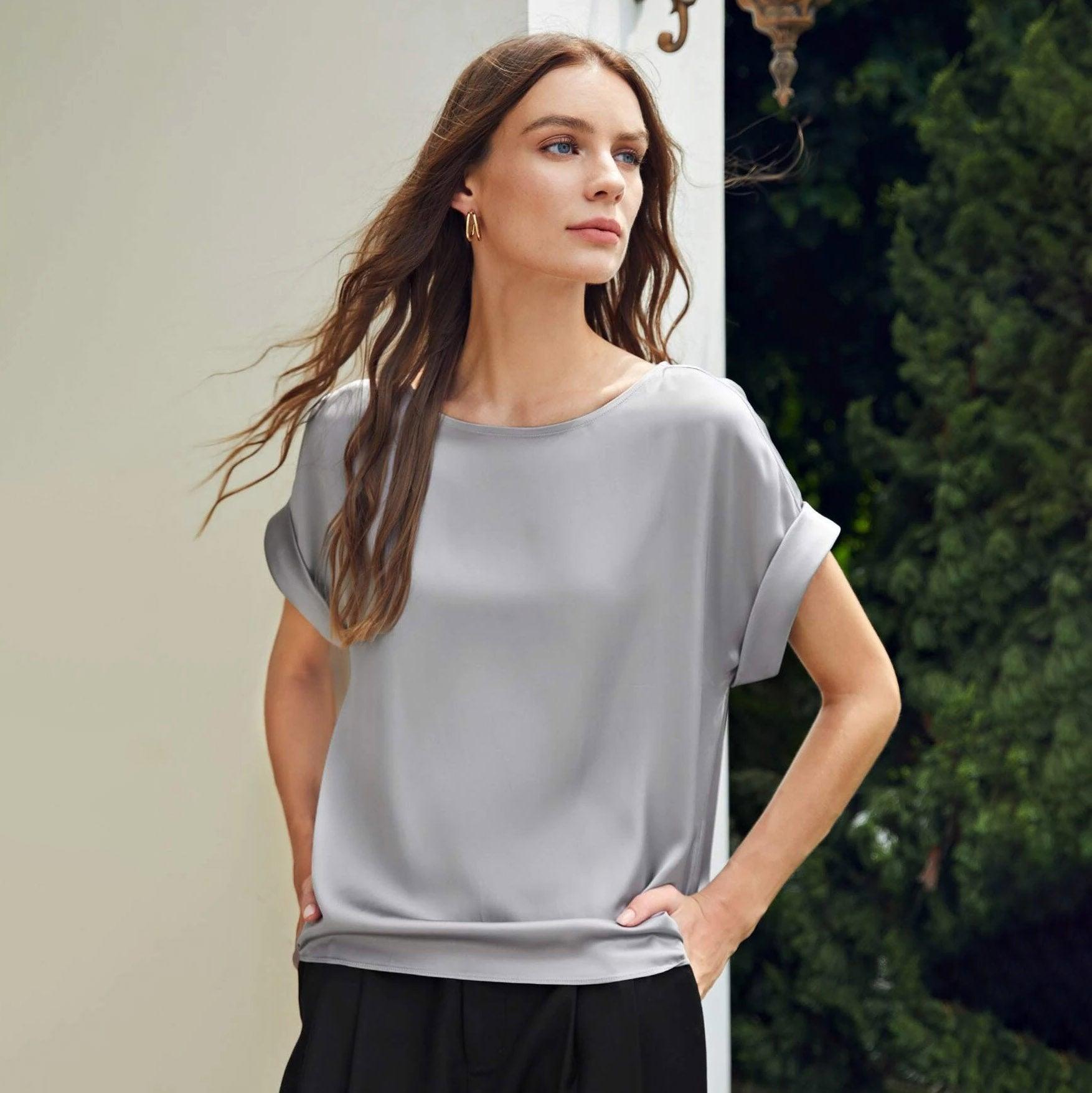 22 Momme Short Sleeves Womens Silk Blouse 100% Silk Top Short-Sleeves Silk Shirt - avasilk