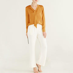 V Neck Womens Long Sleeves Silk Blouse 22 Momme Silk Top Long Sleeves Silk Shirt - avasilk