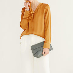 V Neck Womens Long Sleeves Silk Blouse 22 Momme Silk Top Long Sleeves Silk Shirt - avasilk