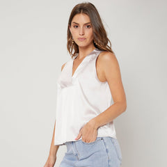 Chic V Neck Womens Silk Blouse 100% Mulberry Silk Top Sleeveless Silk Shirt - avasilk